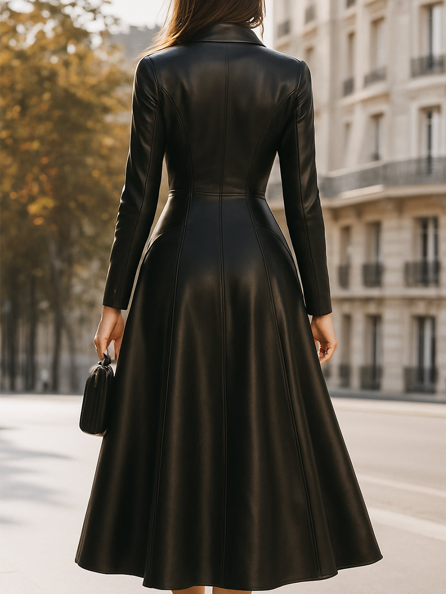 Edgy Black Faux Leather Midi Shirt Dress